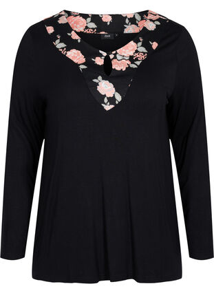 Pyjama top in viscose met bloemenprint, Black Flower AOP, Packshot image number 0