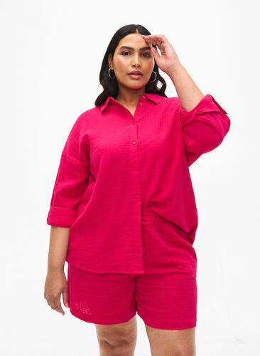 Short en mousseline de coton avec poches, Bright Rose, Model image number 0
