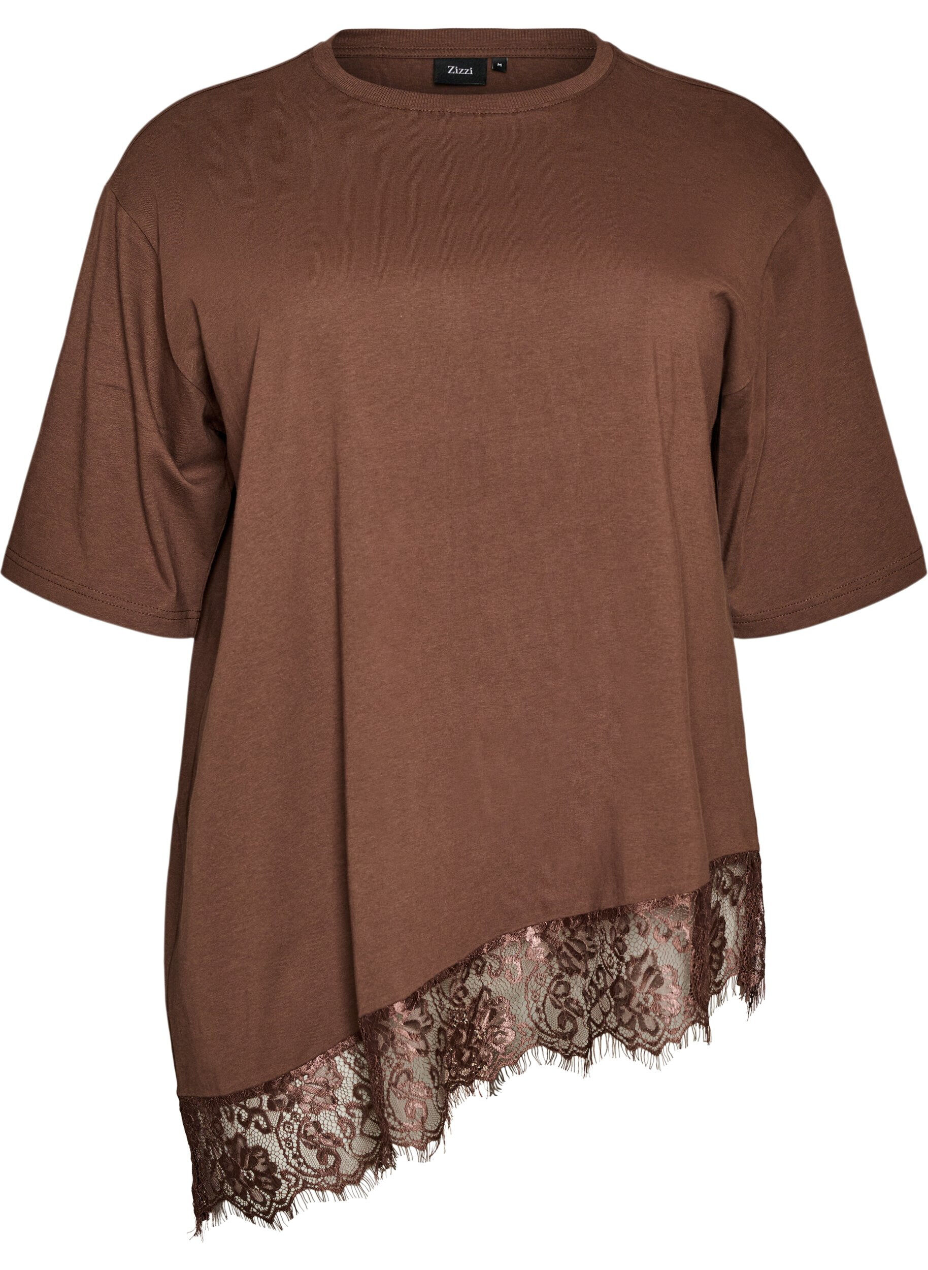T-shirt avec ourlet asym&eacute;trique en dentelle