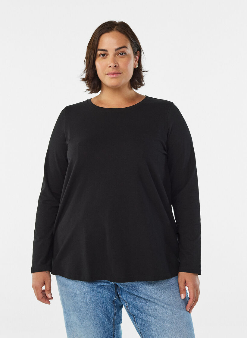 Blouse basique en jersey &agrave; manches longues, Noir, Model image number 0