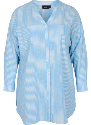 Gestreepte blouse in 100% katoen, Lichen Blue Stripe , Packshot image number 0