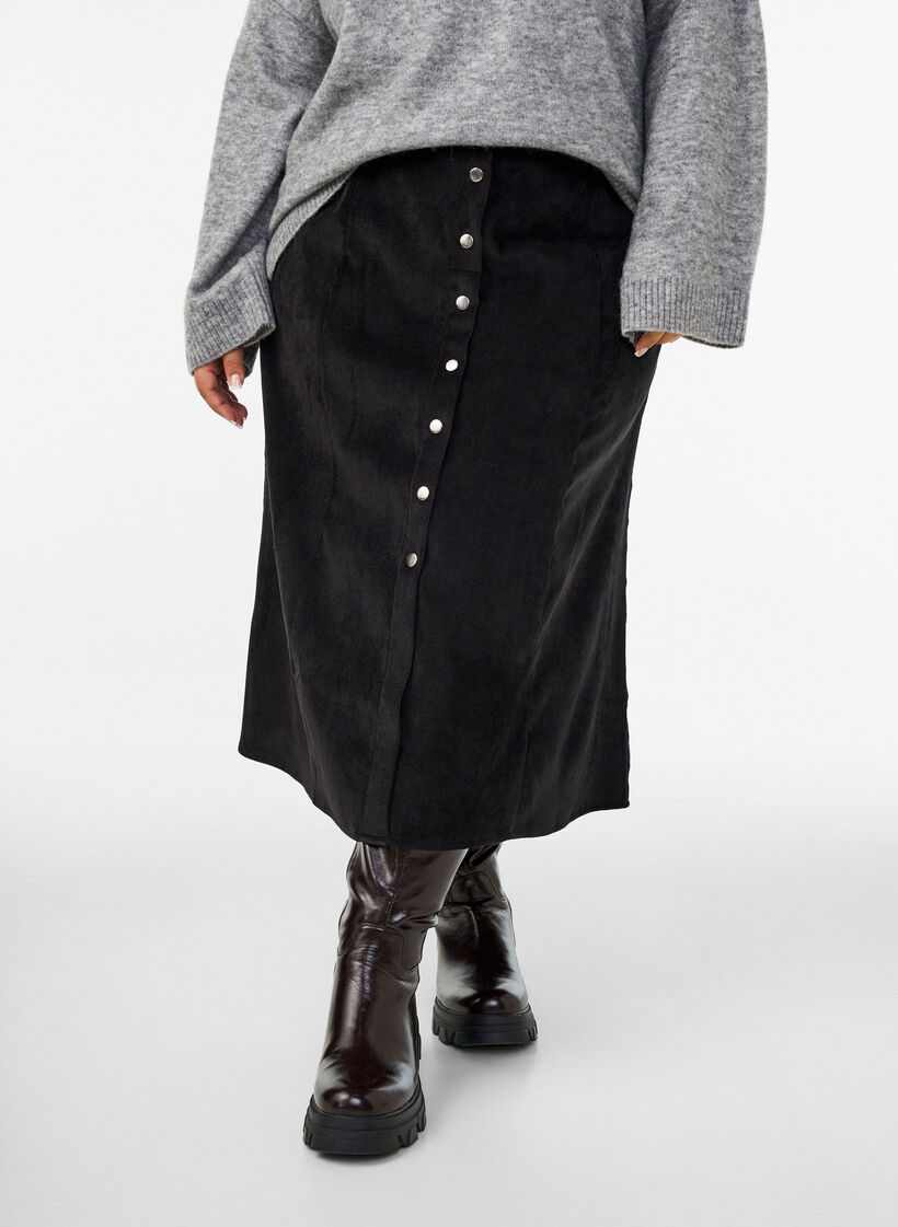 A-lijn corduroy rok met knopen, Zwart, Model image number 3