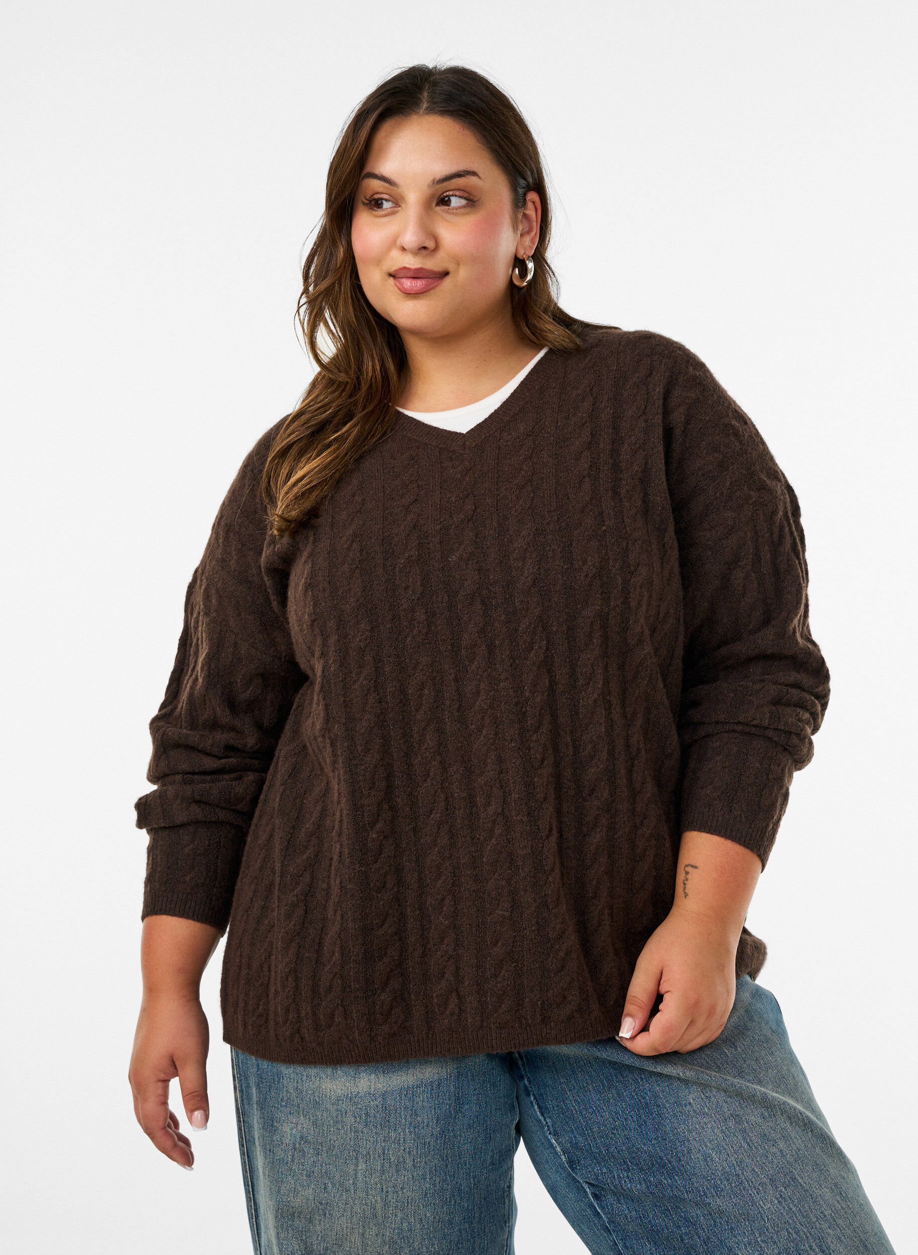 ZizziBlouse en maille torsad&eacute;e avec col en V, Marron, Model image number 0