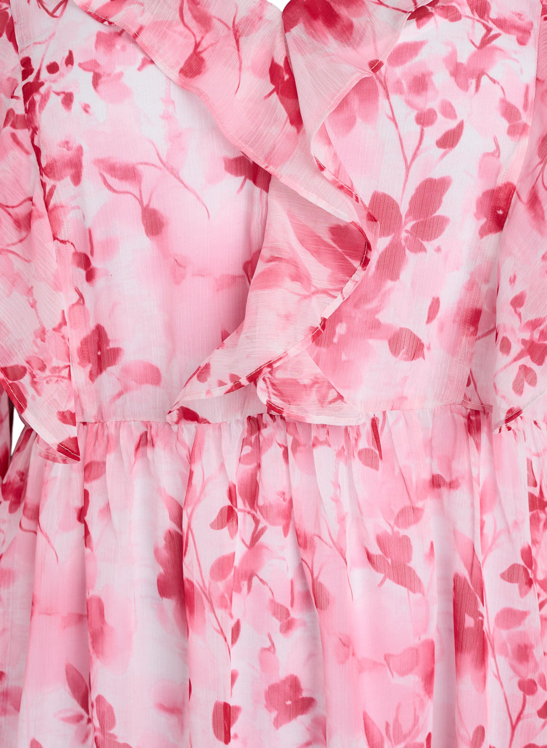 ZizziChiffonjurk met bloemenprint, ruches en lange mouwen, Roze, Packshot image number 2