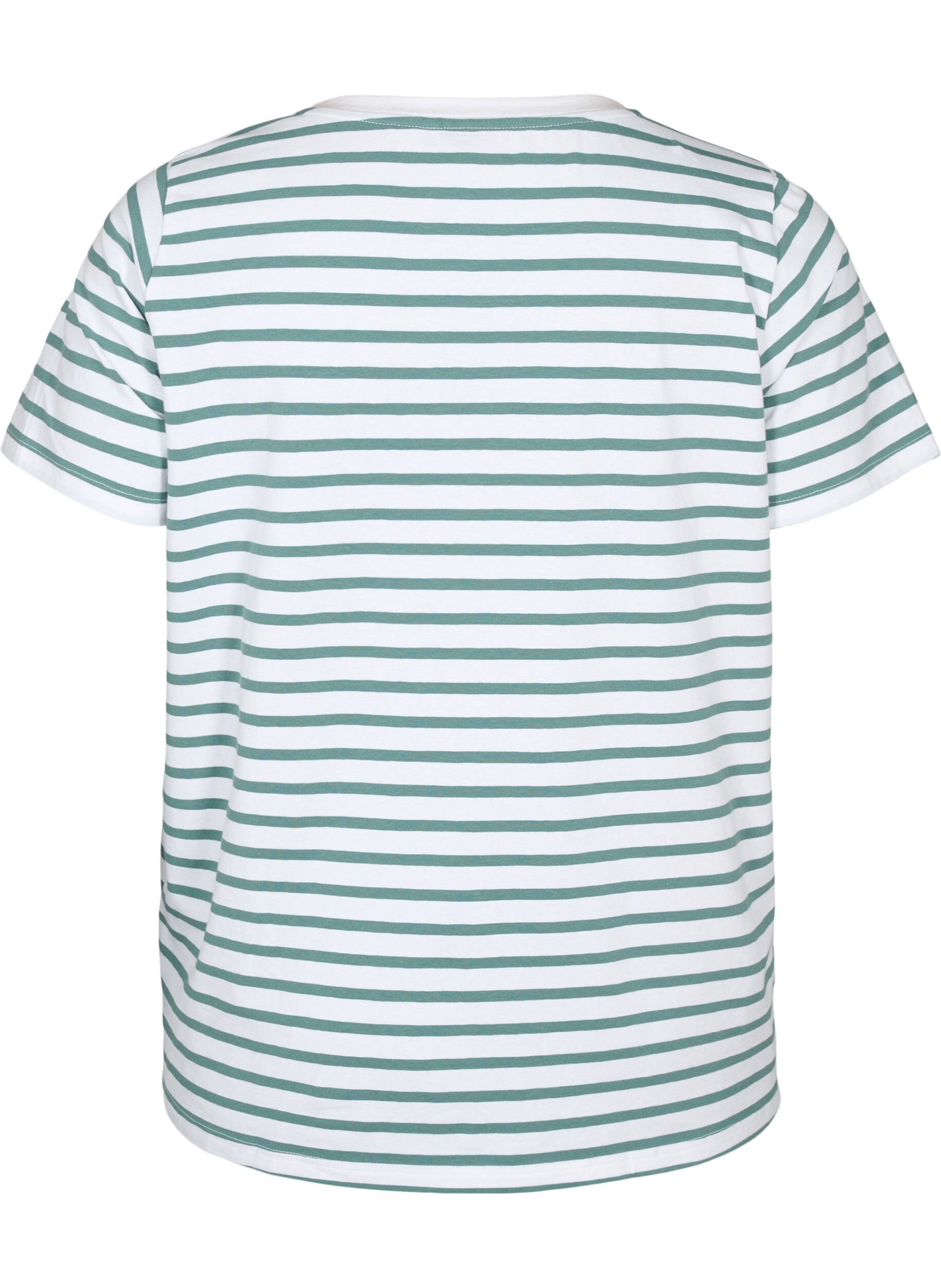 Zizzi T-shirt en coton &agrave; rayures et encolure en V, B.White/SeaP.Stripes, Packshot image number 1