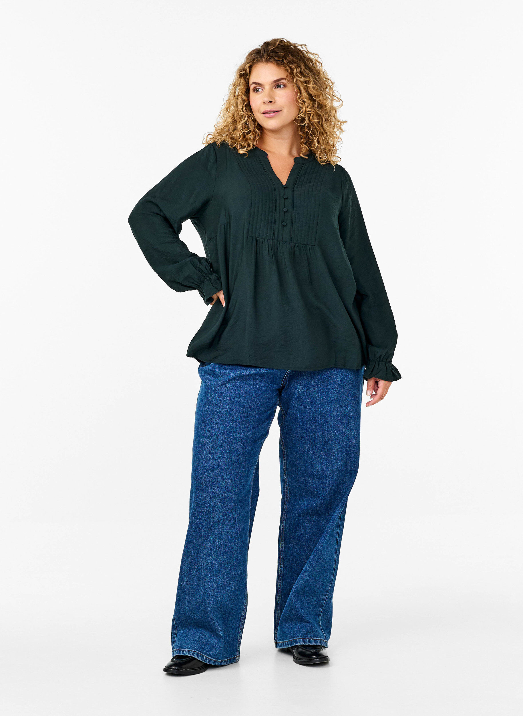 Zizzi Chemisier &agrave; manches longues avec un col en V, Scarab, Model image number 2