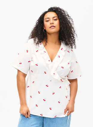 Cherry print wrap blouse in cotton, B. White/Cherry, Model image number 0