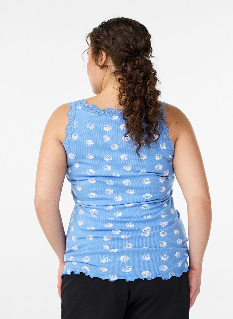 Top avec imprim&eacute; et bord en dentelle, Bleu, Model image number 2