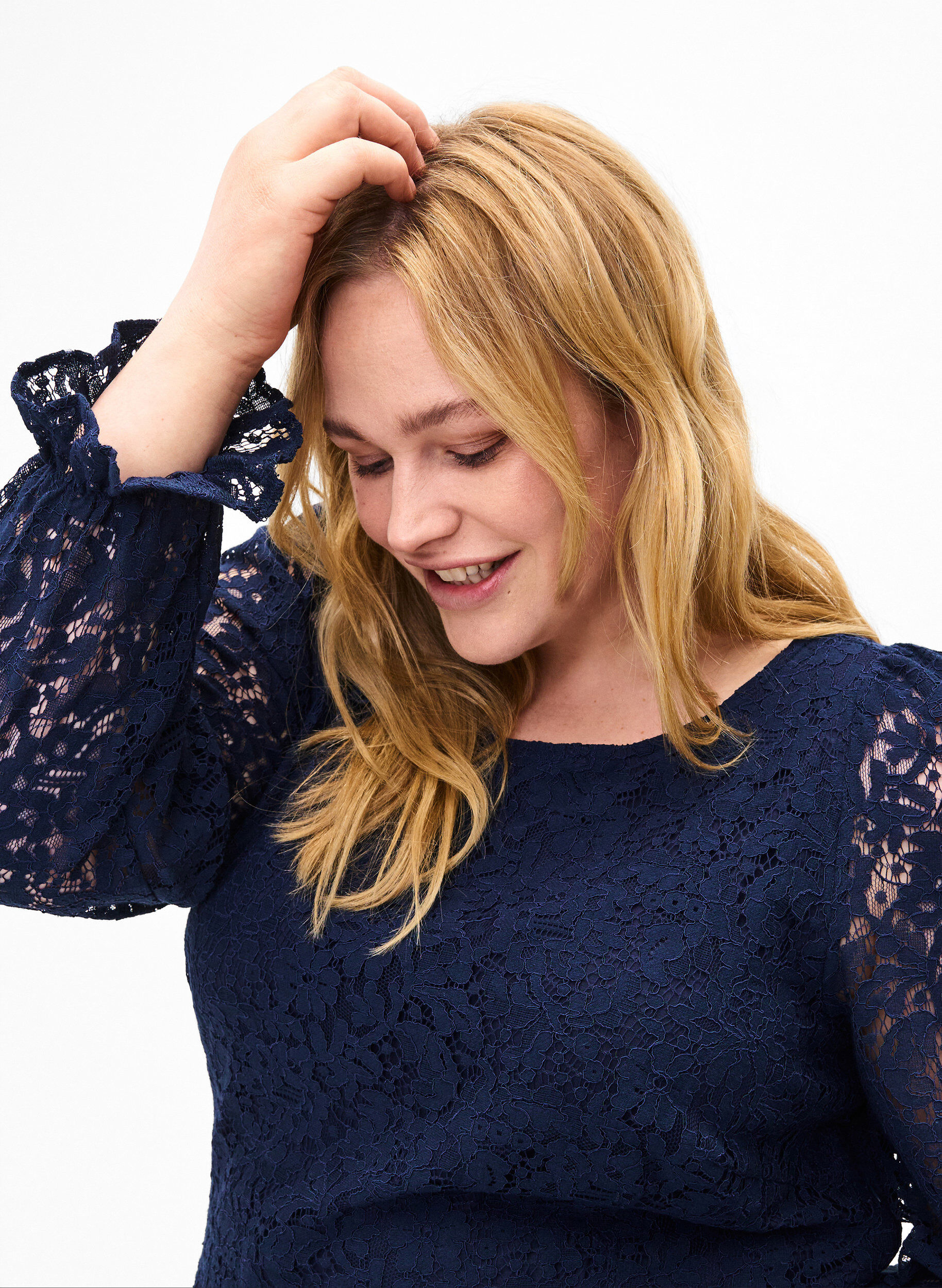 ZizziKanten blouse met lange mouwen, Navy Blazer, Model image number 2