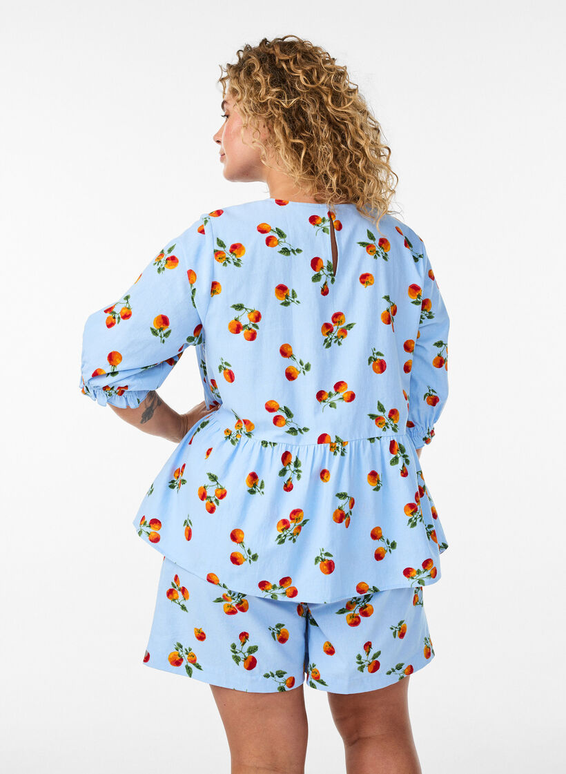 Katoenen shorts met een tomatenprint en hoge taille, Blauw, Model image number 2