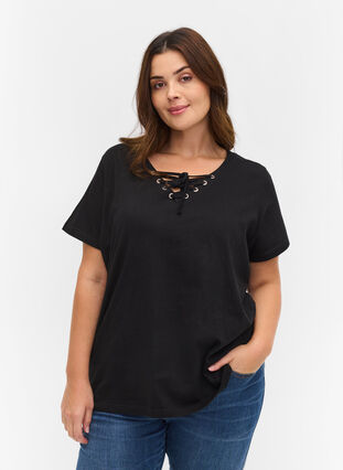 T-shirt en coton bio avec détail dentelle, Black, Model image number 0