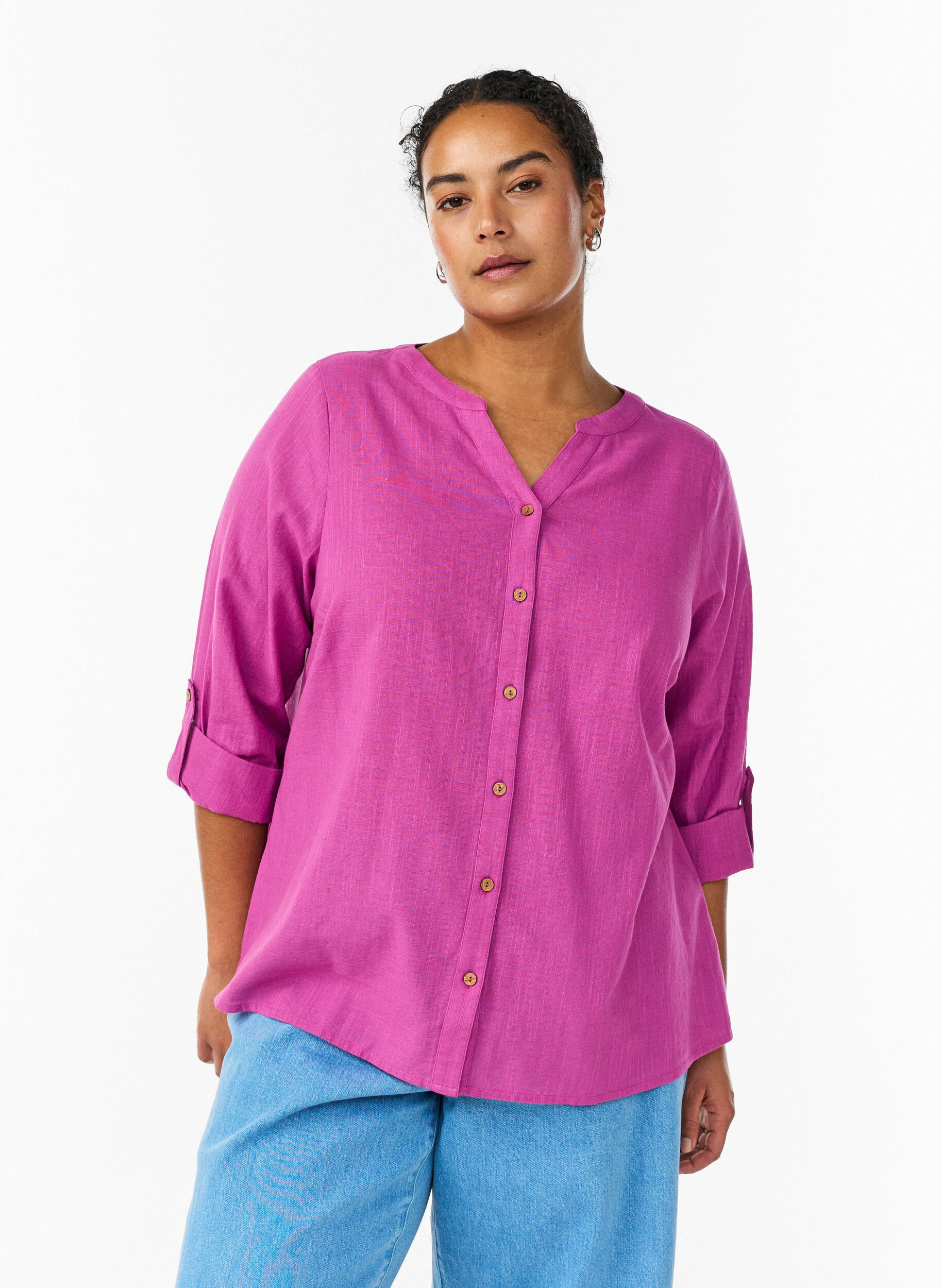 ZizziKatoenen blouse met V-hals, Roze, Model image number 0