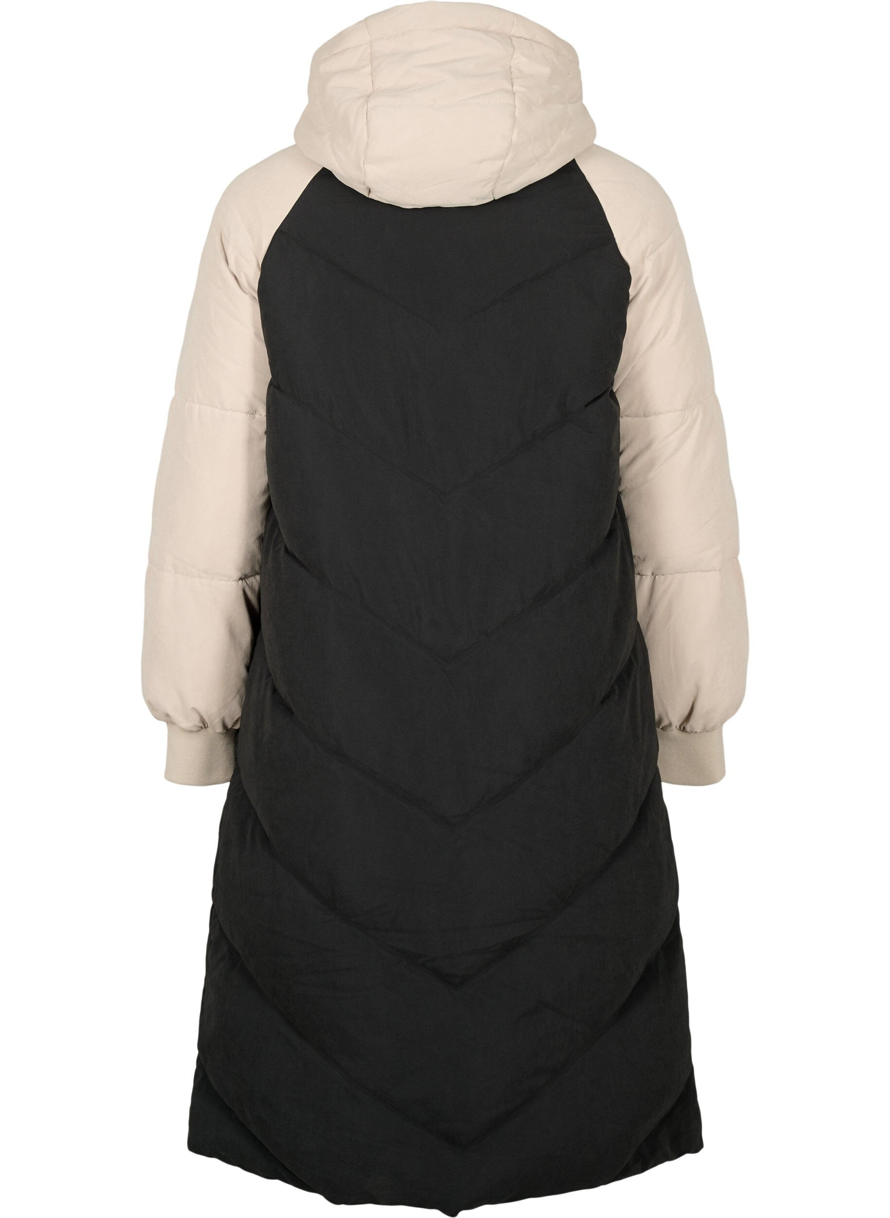 ZizziLange kleurblokken winterjas met capuchon., Black Comb, Packshot image number 1