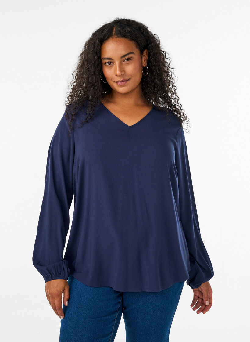 Blouse en viscose avec col en V et ourlet arrondi, Bleu, Model image number 0