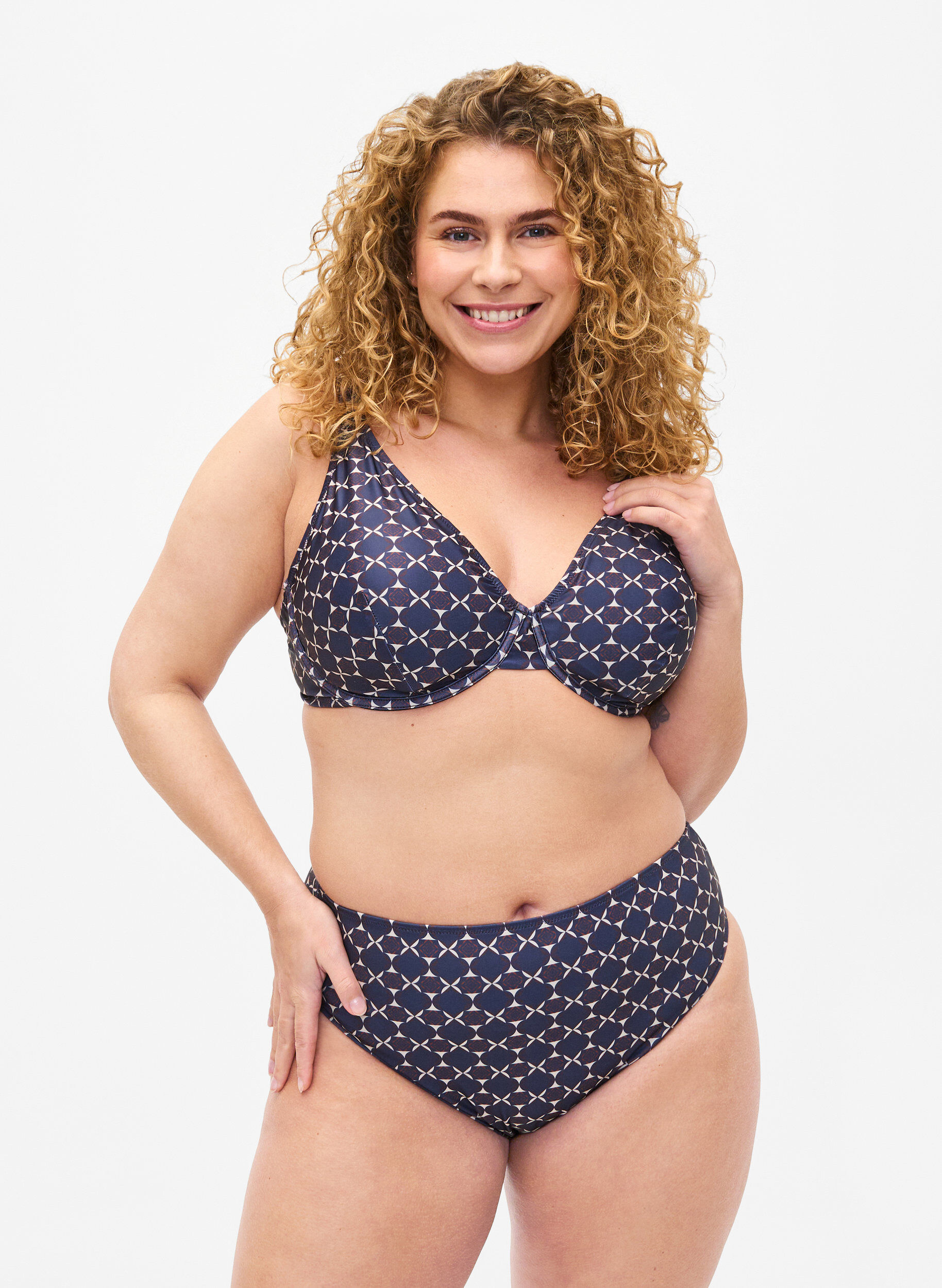  Bas de bikinis taille haute avec imprim&eacute;, Bleu, Model