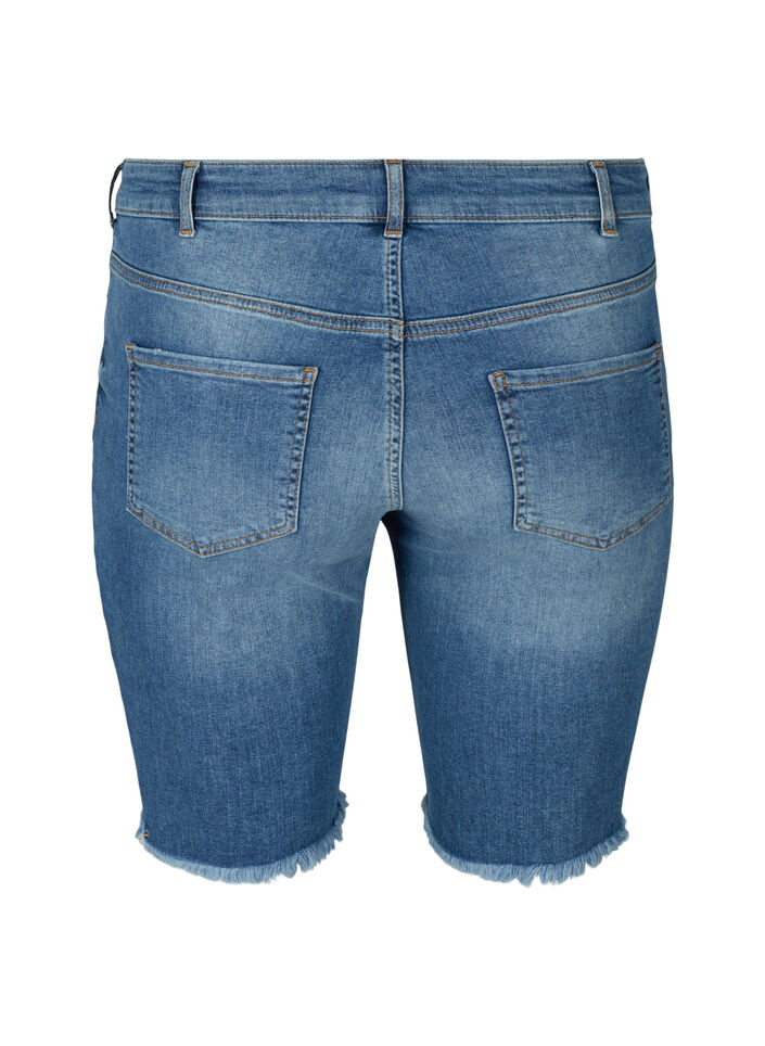 Denim short met hoge taille en onafgewerkt randen, Dark blue denim, Packshot image number 1