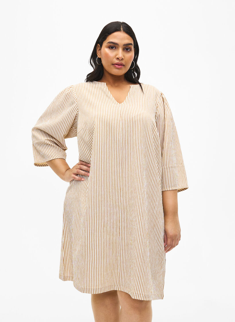 Gestreepte jurk met 3/4 mouwen, Camel Stripe, Model image number 0