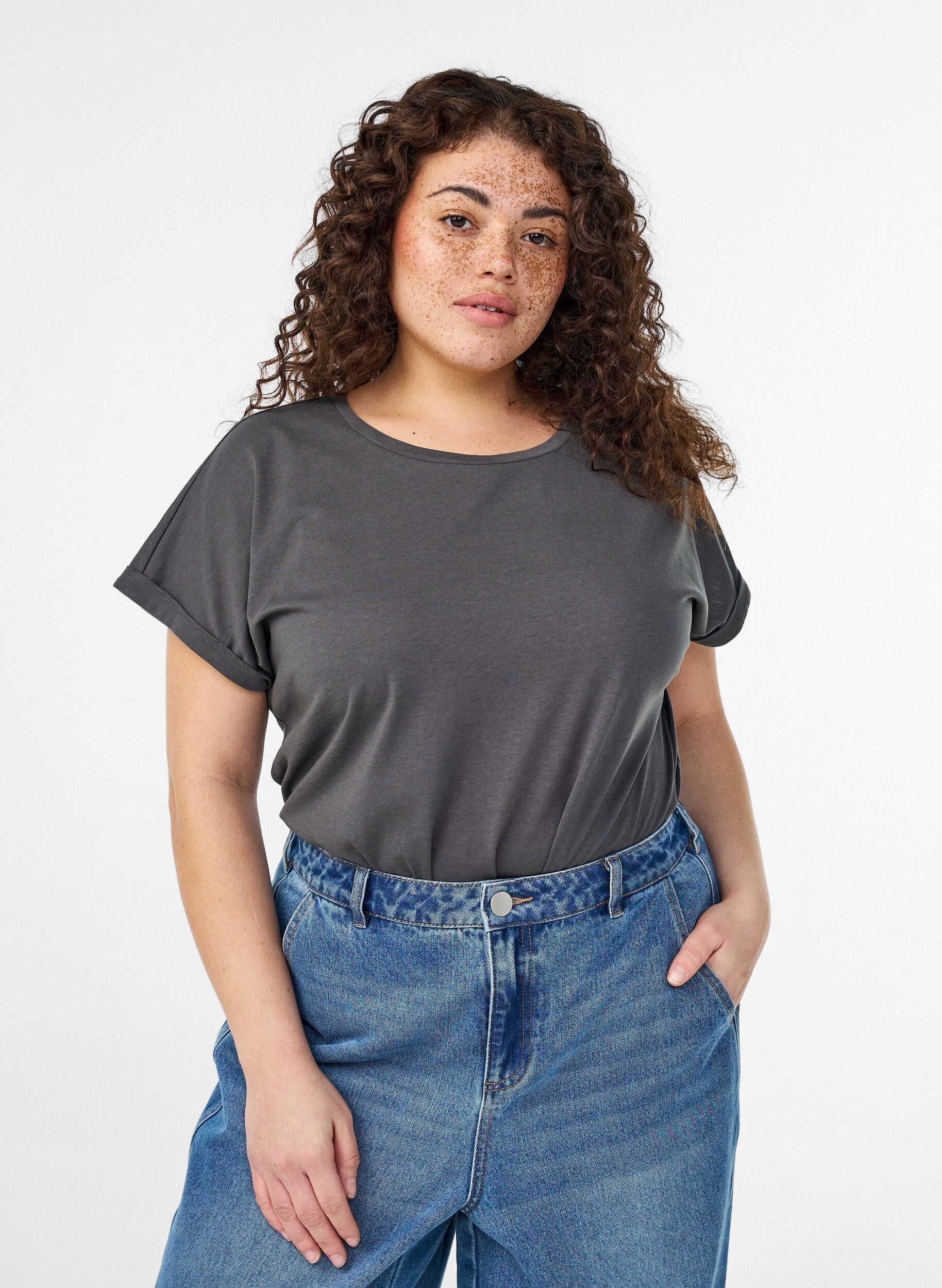 T-shirt met korte mouwen van katoenmix, Grijs, Model
