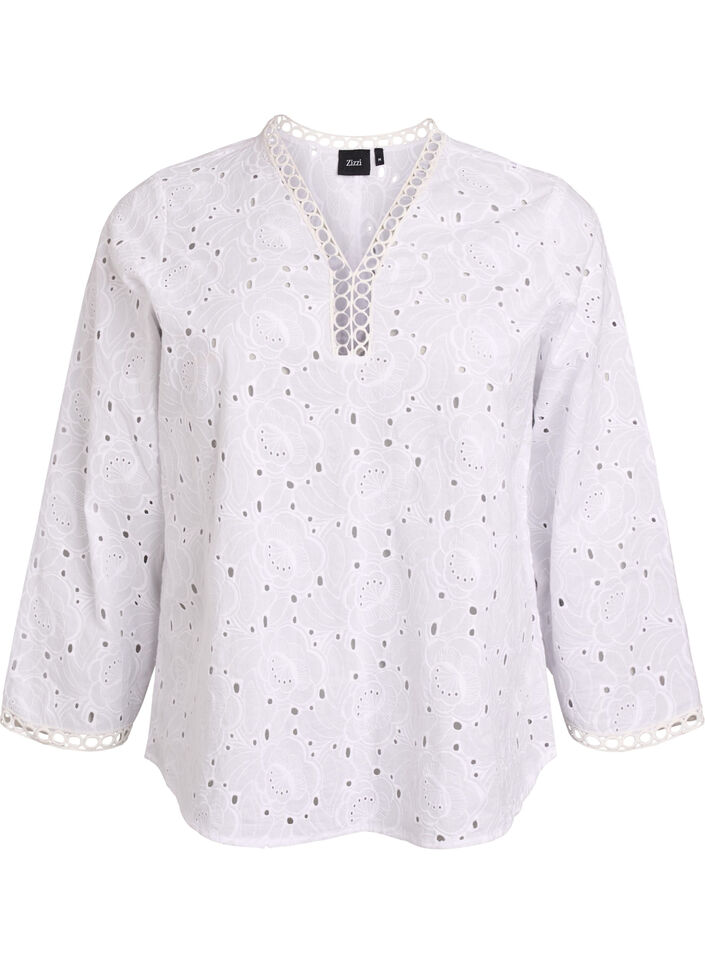 Blouse van katoen met lange mouwen en broderie anglaise, Wit, Packshot image number 0