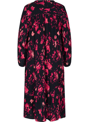 Viscose midi-jurk met lange mouwen, Black Pink AOP, Packshot image number 1