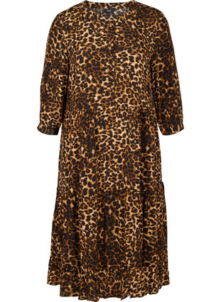 Viscose midi-jurk met 3/4 mouwen en panterprint, Raw Umber AOP, Packshot image number 0
