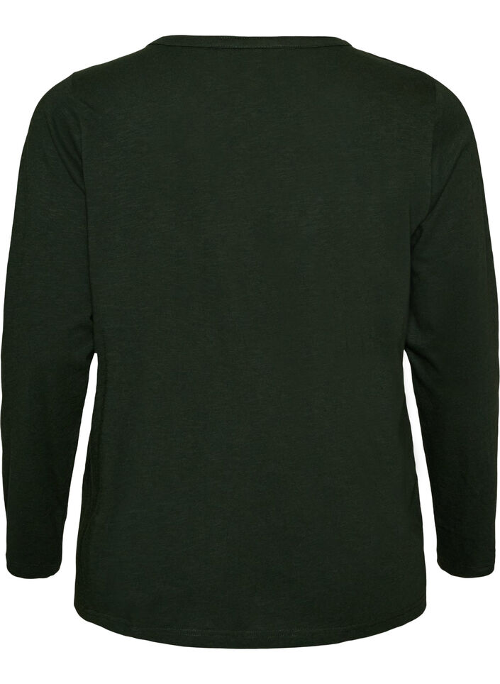 T-shirt &agrave; manches longues avec col V et boutons, Vert fonc&eacute;, Packshot image number 1