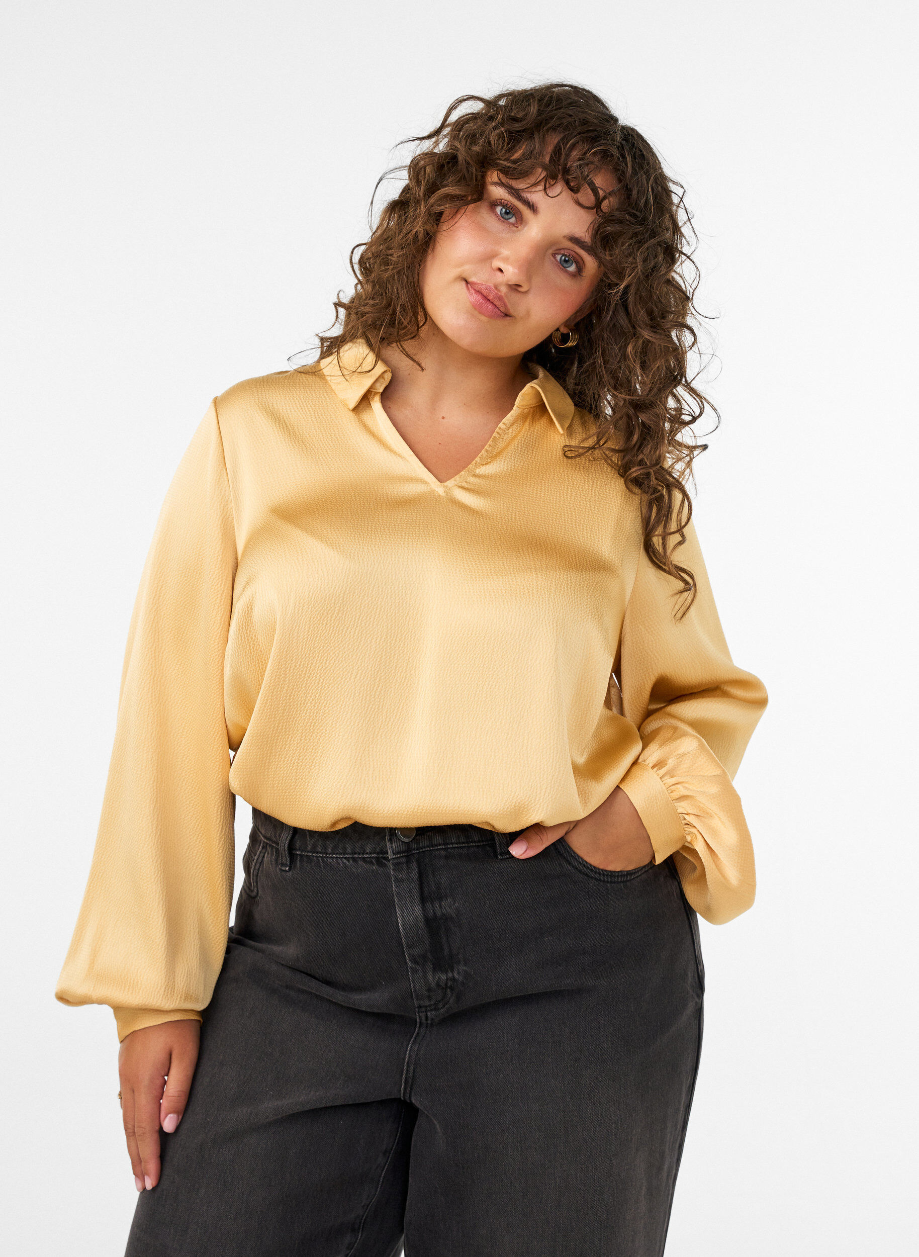 Blouse met overhemdkraag en V-hals, Geel, Model