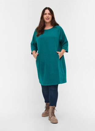 Article en promotion - Robe pull en coton avec poches et manches 3/4, Teal Green Melange, Model image number 2