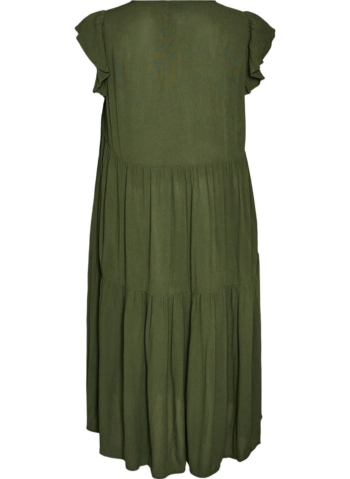 Robe midi en viscose avec manches &agrave; volants, Vert, Packshot image number 1