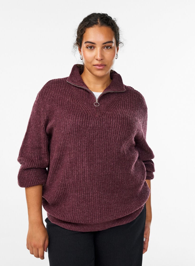 Gebreide trui met hoge hals en rits, Rood, Model image number 0