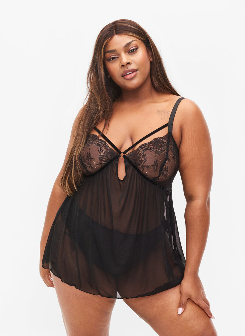 Nuisette transparente avec dentelle, Black, Model image number 0