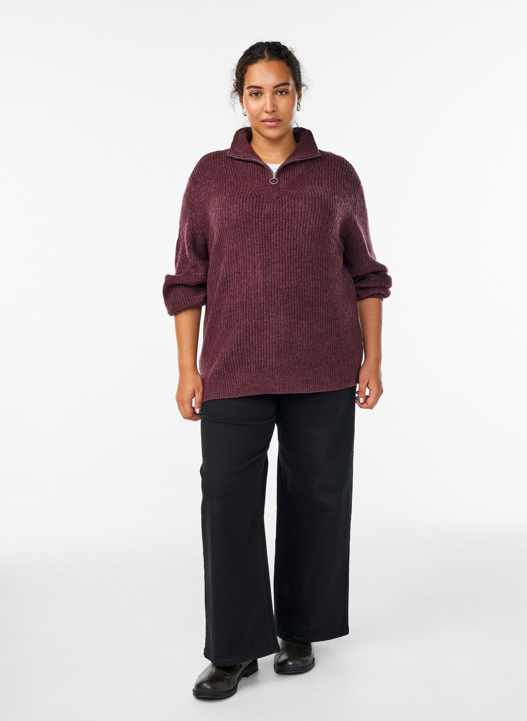 ZizziPull en tricot avec col haut et fermeture &eacute;clair, Bordeaux, Model image number 1