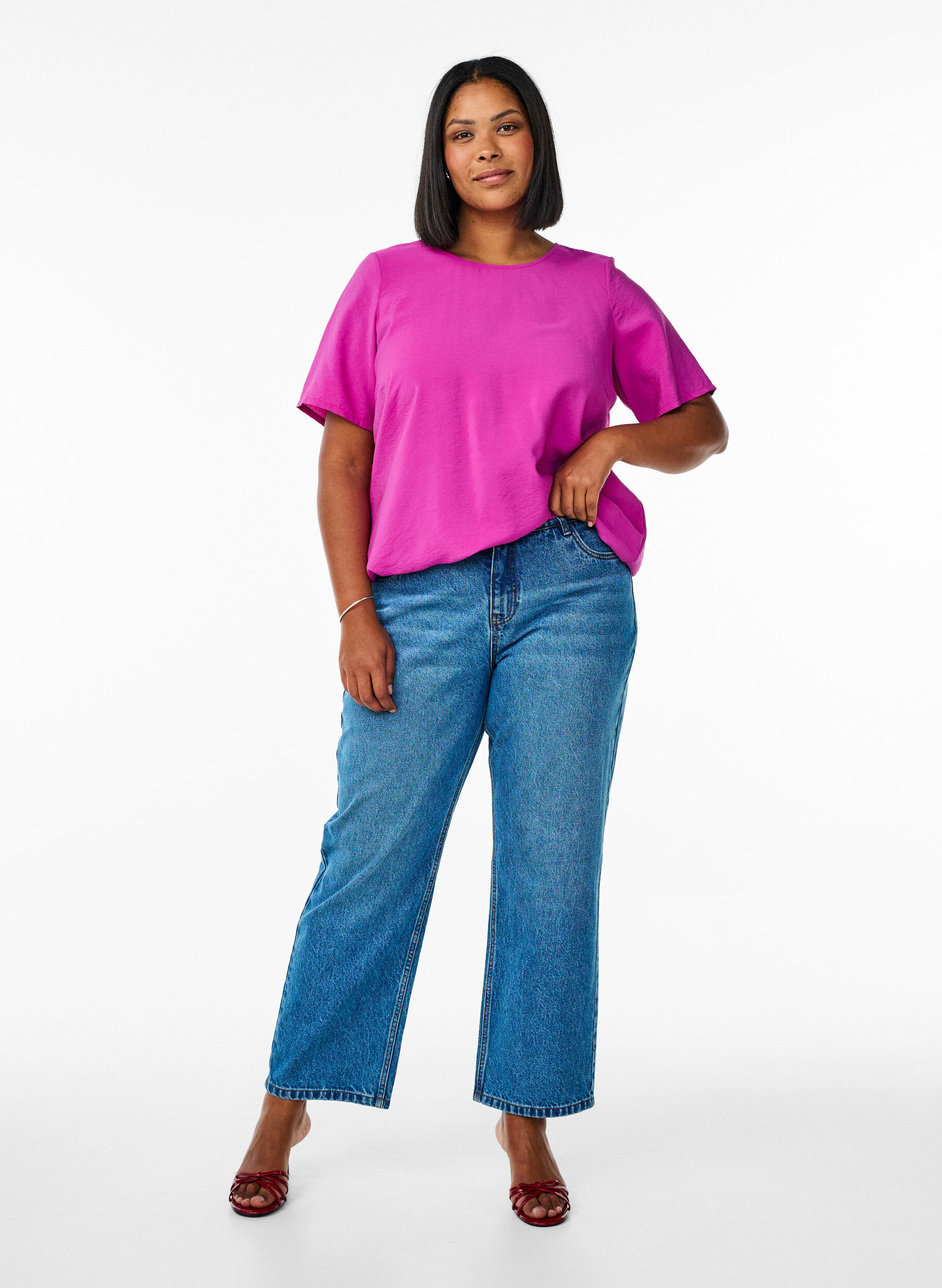 ZizziBlouse met korte mouwen en elastische zoom, Roze, Model image number 1