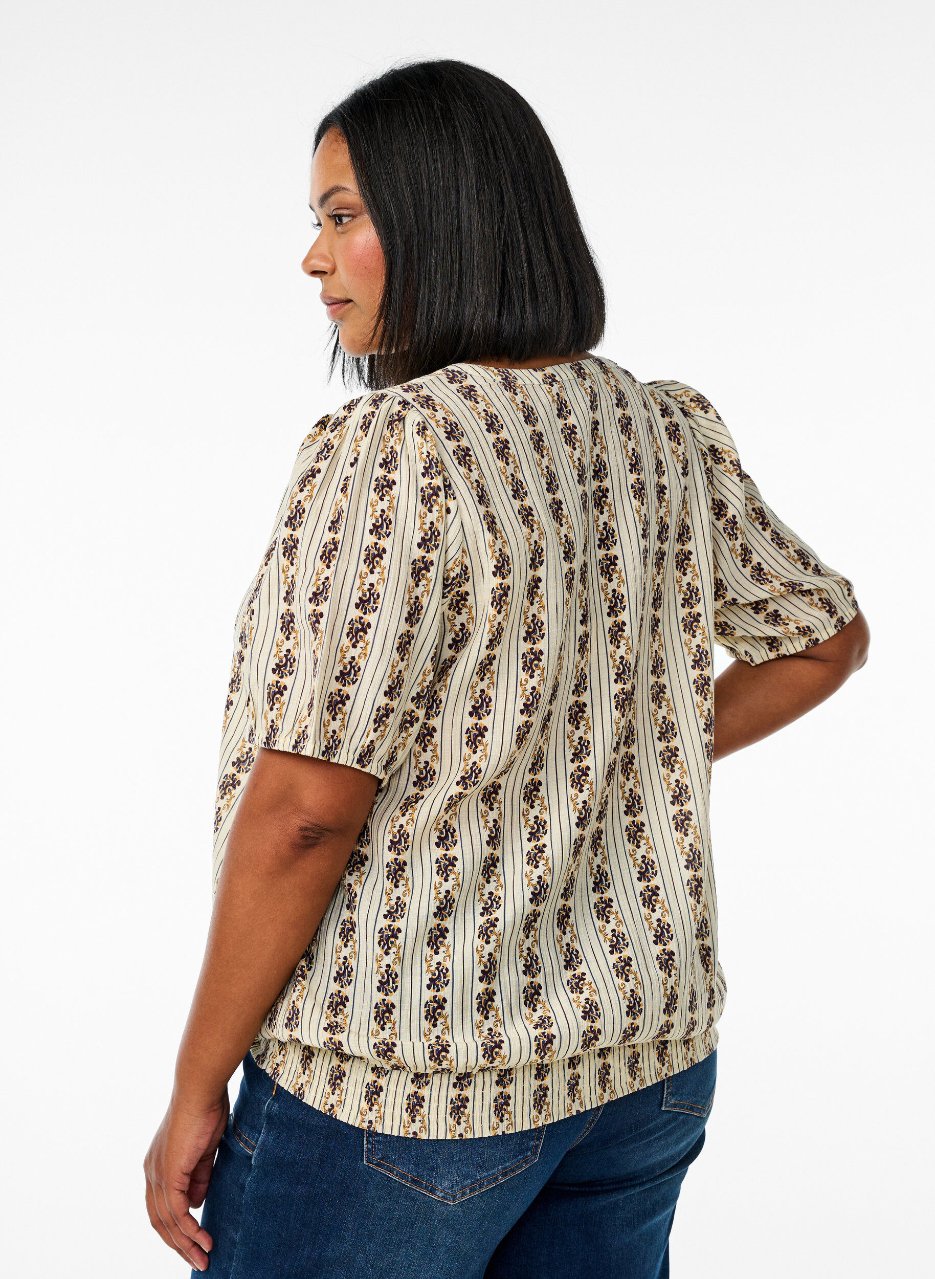 ZizziGedrukte blouse met gesmokte zoom, Egret AOP, Model image number 1