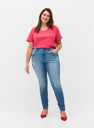 T-shirt en coton à manches courtes avec imprimé, Raspberry TEXT, Model image number 2