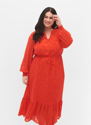 Midi jurk in jacquard look en lange mouw, Orange.com, Model image number 2