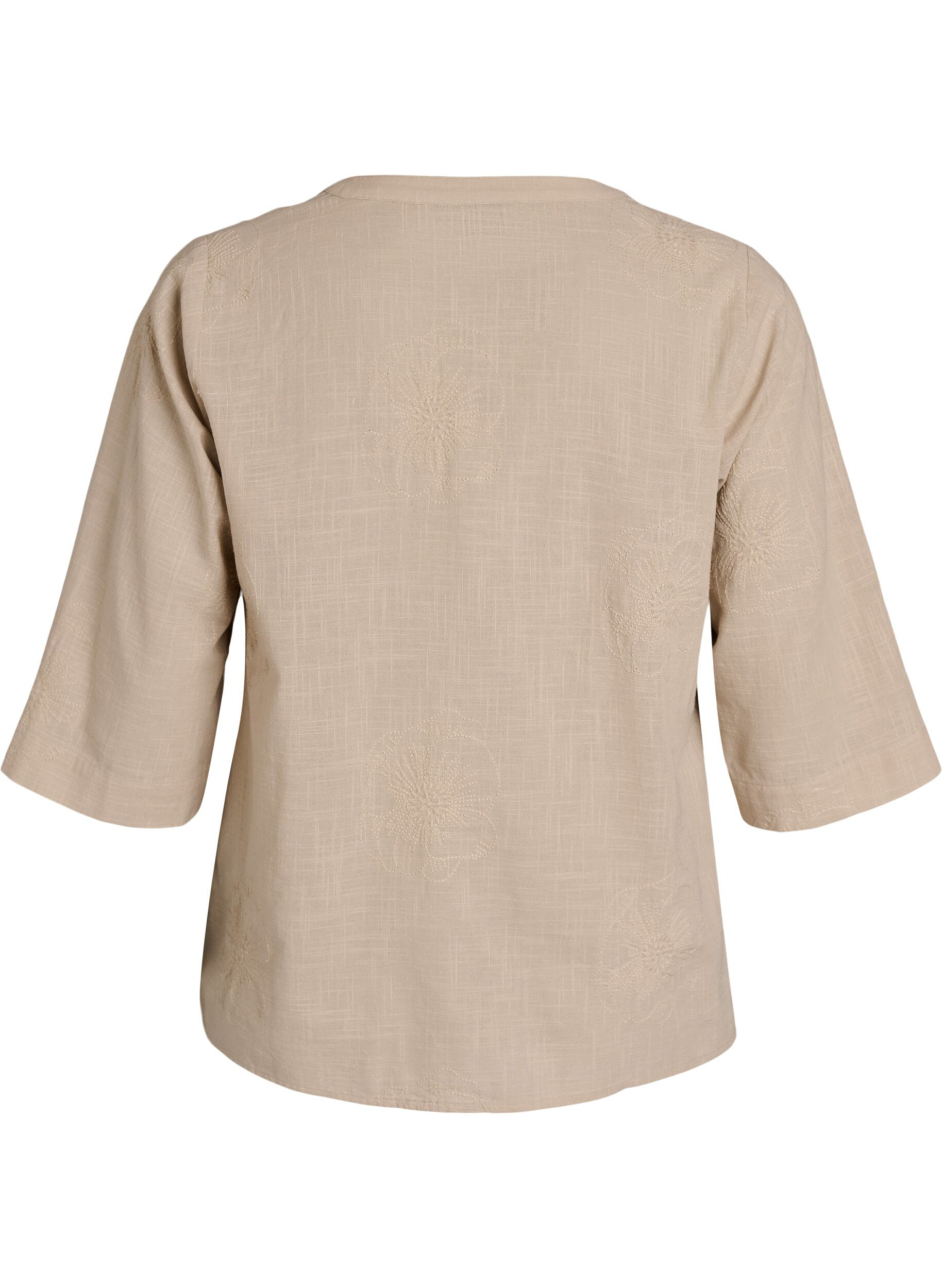 Zizzi Blouse en coton avec d&eacute;tails brod&eacute;s et manches 3/4, Beige, Packshot image number 1