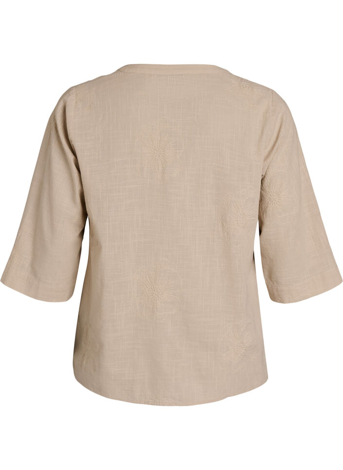 Blouse en coton avec d&eacute;tails brod&eacute;s et manches 3/4, Beige, Packshot image number 1