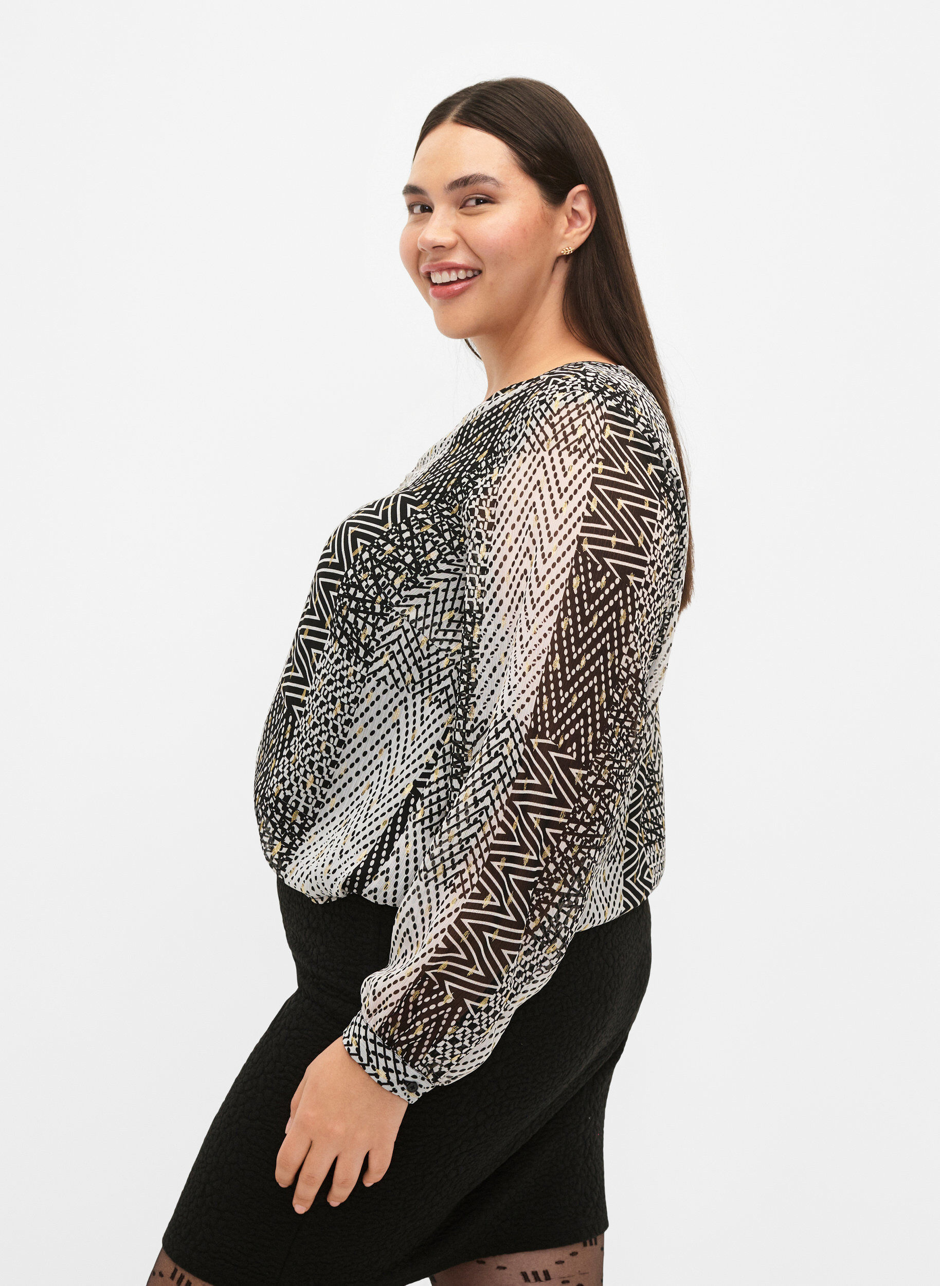ZizziBedrukte blouse met V-halslijn, Zwart, Model image number 2