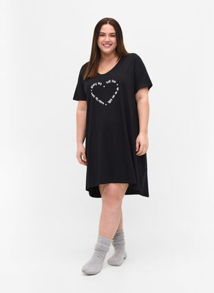 Chemise de nuit en coton à manches courtes, Black w. White HEART, Model image number 2