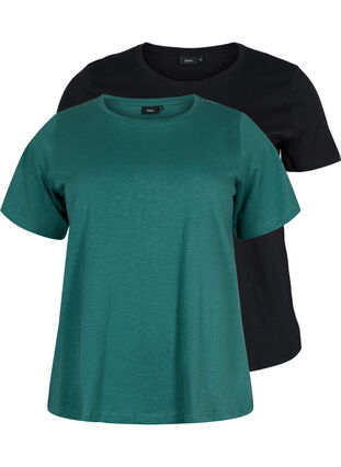 Lot de 2 T-shirt basiques en coton, Mallard Green/Black, Packshot image number 0