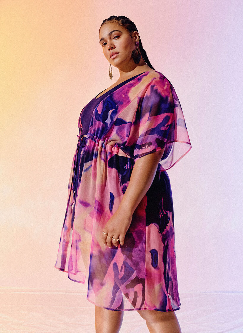 Strand kimono met print., Purple Swirl, Image