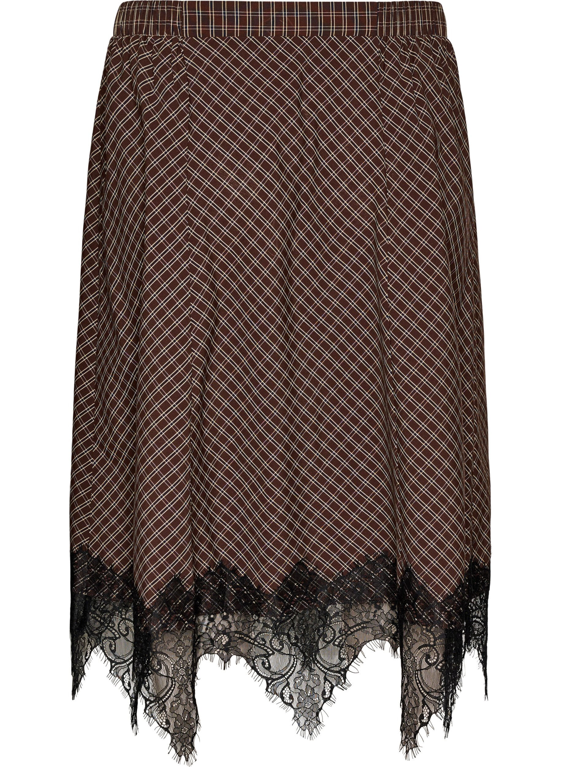 ZizziJupe midi &agrave; carreaux avec bordure en dentelle, Marron, Packshot image number 1