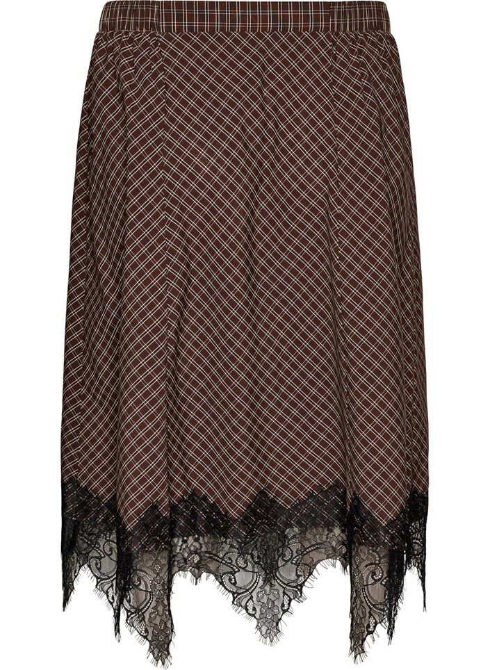 Jupe midi &agrave; carreaux avec bordure en dentelle, Marron, Packshot image number 1