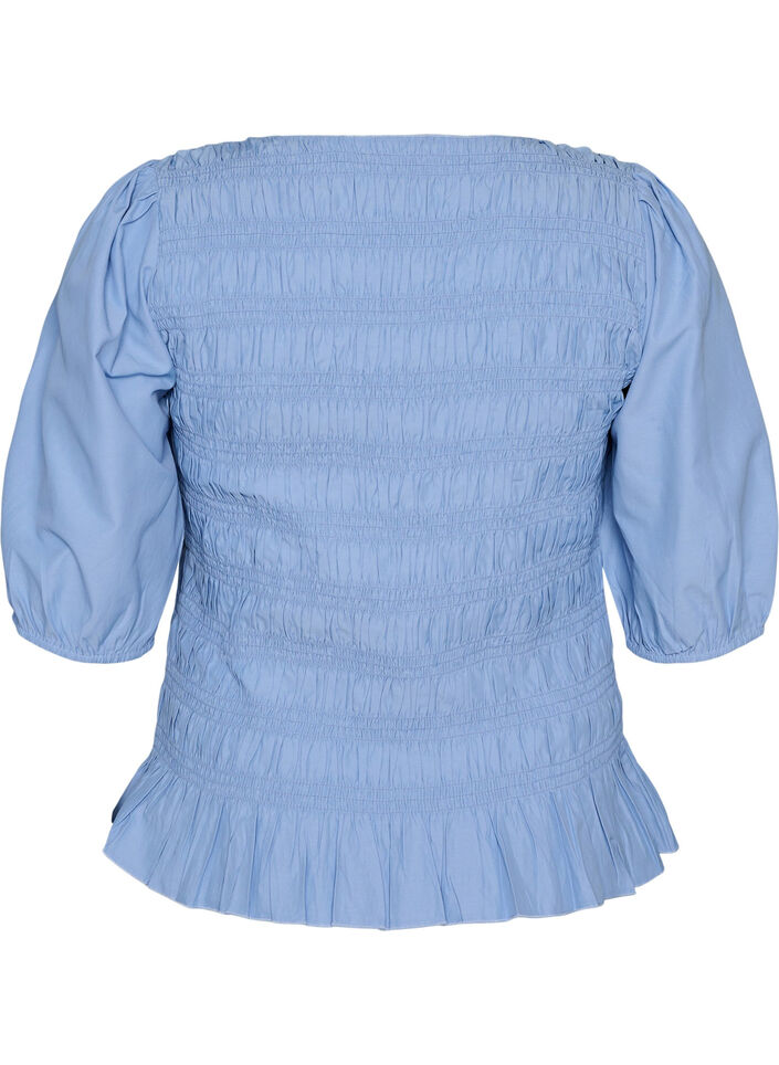 Blouse smock&eacute;e avec ourlet &agrave; volants et col bateau, Bleu, Packshot image number 1