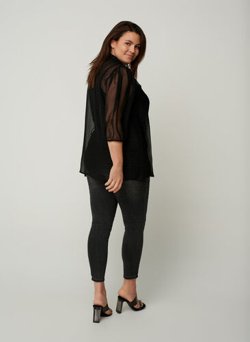 Transparante blouse met 3/4 pofmouwen, Black, Model image number 1
