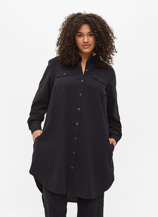 Chemise longue en coton avec poches à la poitrine, Black, Model image number 0