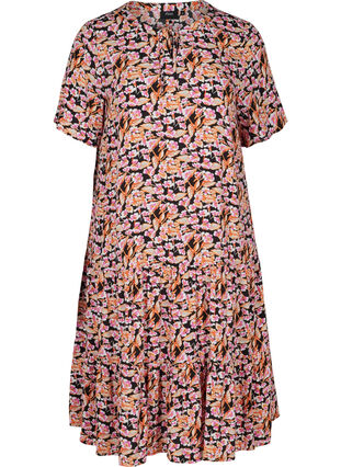 Robe en viscose à manches courtes avec imprimé, Pink Flower on Black, Packshot image number 0