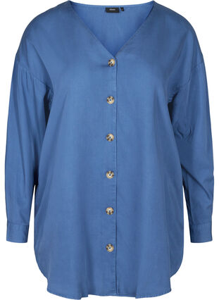 Lyocell blouse met v-hals, Blue denim, Packshot image number 0