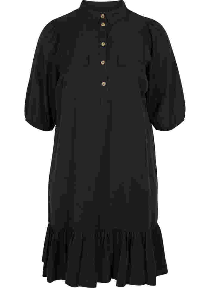 Robe avec bordure à volants et manches 3/4, Black, Packshot image number 0